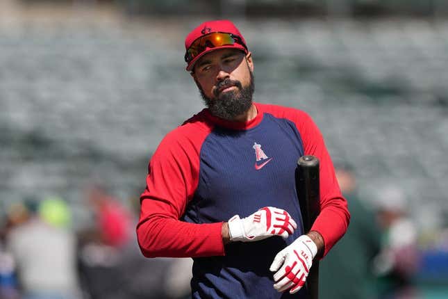 Apr 1, 2023; Oakland, California, USA; Los Angeles Angels third baseman Anthony Rendon warms up before the game against the Oakland Athletics at RingCentral Coliseum.