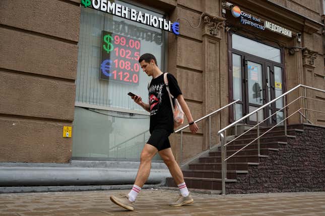 A man walks past a currency exchange office in Moscow, Russia, Monday, Aug. 14, 2023. Russia’s central bank made a big interest rate hike of 3.5 percentage points on Tuesday, Aug. 15, 2023, an emergency move designed to fight inflation and strengthen the ruble after the country&#39;s currency reached its lowest value since early in the war with Ukraine. (AP Photo/Alexander Zemlianichenko)