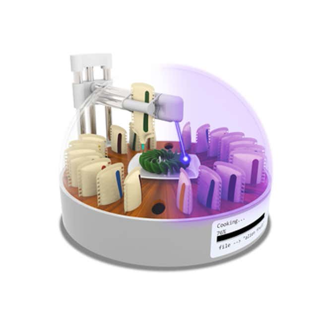 An artist’s concept of a cooking appliance that 3D-prints food from different ingredient packets.