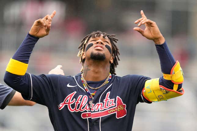 WASHINGTON, DC - SEPTEMBER 24: Ronald Acuna Jr.  #13 of the Atlanta Braves looks on before game one of a doubleheader against the Washington Nationals at Nationals Park on September 24, 2023 in Washington, DC.  (Photo by Mitchell Layton/Getty Images)
