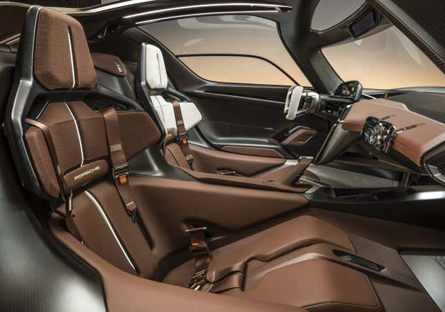 The interior of the Porsche Mission X electric hypercar concept in brown.