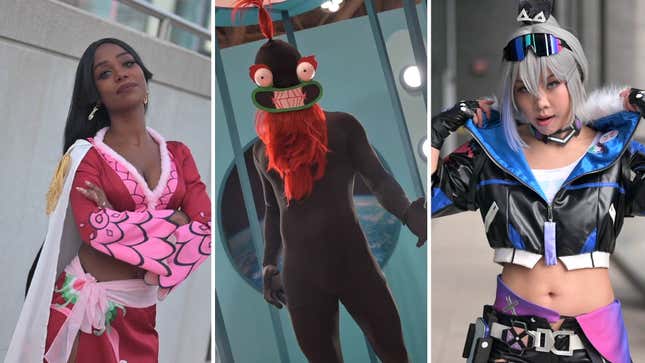 A collage of cosplayers dressed as Boa from One piece, Aku from Samurai Jack, and Silverwolf from Honkai Star Rail.