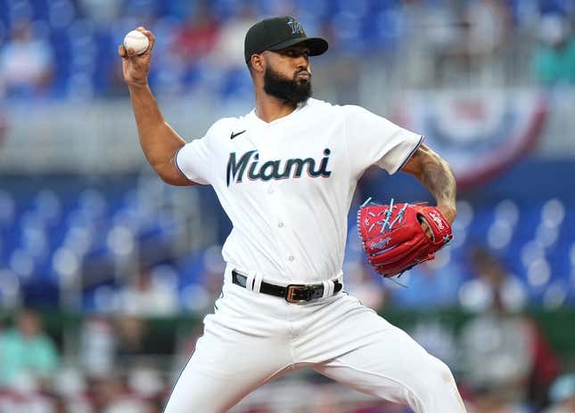 Apr 4, 2023; Miami, Florida, USA;  Miami Marlins starting pitcher Sandy Alcantara (22) pitches against the Minnesota Twins in the first inning at loanDepot Park.