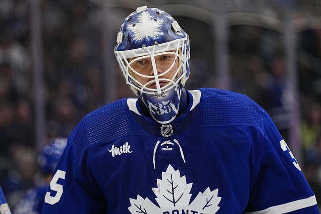 May 4, 2023; Toronto, Ontario, CANADA; Toronto Maple Leafs goaltender Ilya Samsonov (35) skates to the corner after a goal by the Florida Panthers during the second period of game two of the second round of the 2023 Stanley Cup Playoffs at Scotiabank Arena.