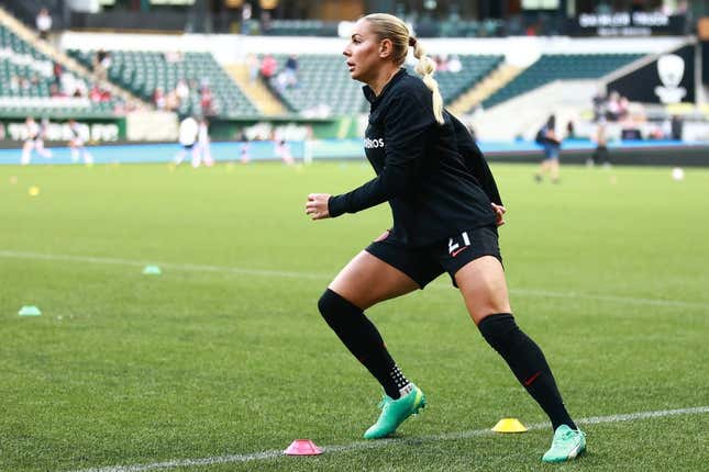 May 31, 2023; Portland, OR, USA; Portland Thorns FC forward Adriana Leon (21) warms up before the match against Angel City FC at Providence Park.