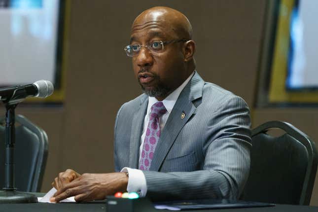U.S. Sen. Raphael Warnock (D-Ga), speaks during a U.S. Senate Rules Committee Georgia Field Hearing on the right to vote at the National Center for Civil and Human Rights on July 19, 2021 in Atlanta, Georgia. 
