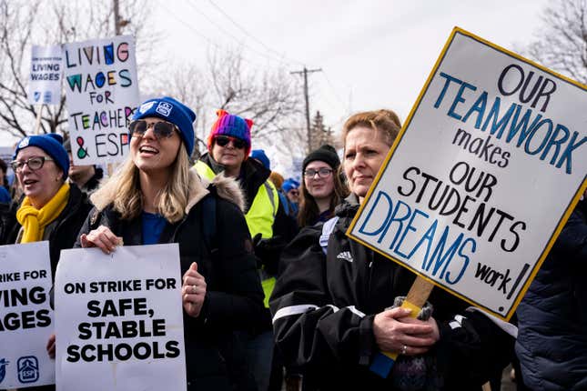Minneapolis, MN, USA - March 8, 2022: Teachers strike for smaller class sizes, more counselors and higher wages.
