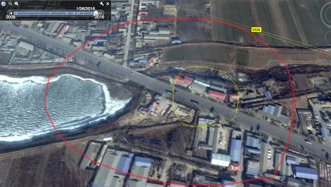 By March 2016, the Qili river was filling up with homes (like those in the yellow circle).