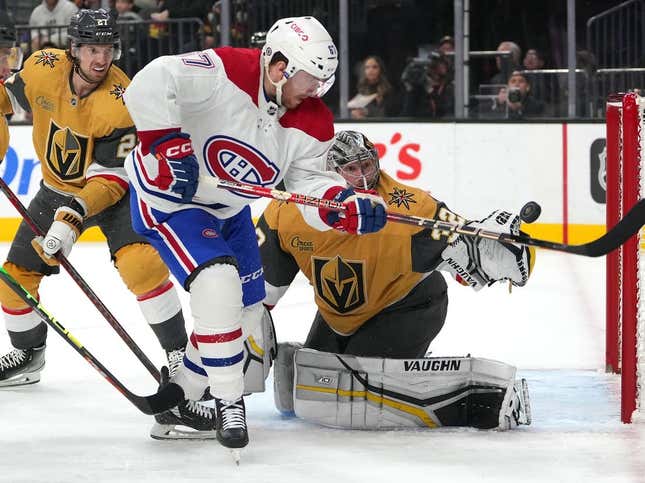 Mar 5, 2023; Las Vegas, Nevada, USA; Vegas Golden Knights goaltender Jonathan Quick (32) defends his net as Montreal Canadiens center Chris Tierney (67) looks to deflect the puck during the second period at T-Mobile Arena.