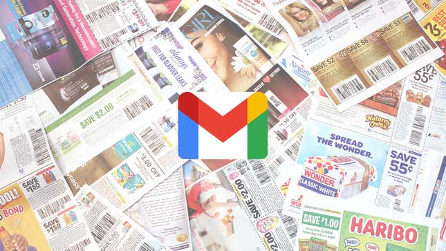 The Gmail logo on top of a pile of newspaper ads.