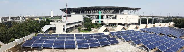 Rooftop solar panels installed over MG Bus stand, Telangana. The Indian government has increased taxes on imported solar and wind equipment.