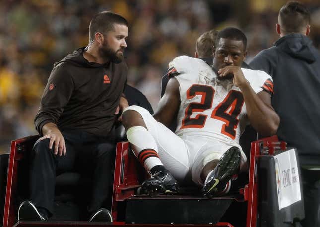Sep 18, 2023; Pittsburgh, Pennsylvania, USA;  Cleveland Browns running back Nick Chubb (24) is taken from the field on a cart after suffering an apparent injury against the Pittsburgh Steelers during the second quarter at Acrisure Stadium.
