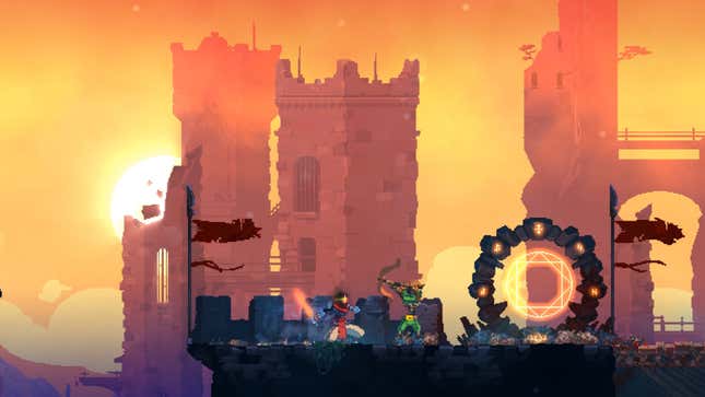 The Beheaded swings their sword at an archer drawing their bow, while massive towers loom in the distance.