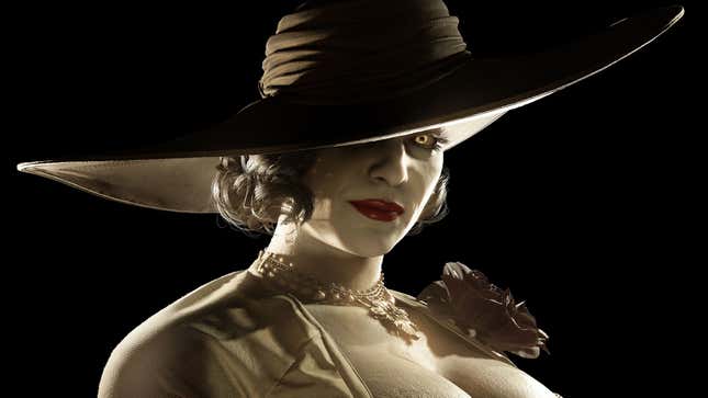 Lady Dimitrescu, a pale vampire woman in a large hat, stands against a black background.