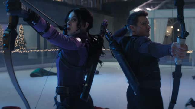 Hailee Steinfeld and Jeremy Renner are back to back on an ice skating rink as Kate Bishop and Clint Barton, aiming their bows at criminals.