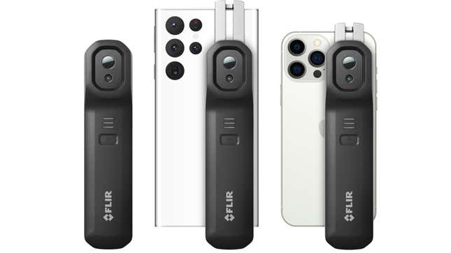 The new FLIR One Edge Pro thermal camera shown attached to different smartphones.