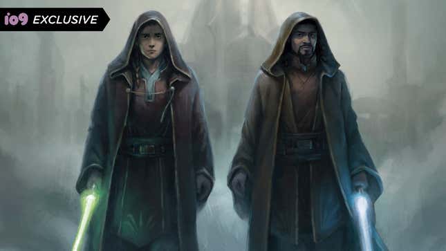 An illustration of two Jedi masters wearing cloaks and holding their sabers from the cover of Midnight Horizon.