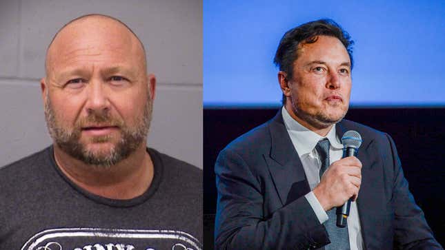  Alex Jones after his arrest on charges of DWI on March 10, 2020 in Travis County, Texas (left) and billionaire Elon Musk in Stavanger, Norway on August 29, 2022. (right)