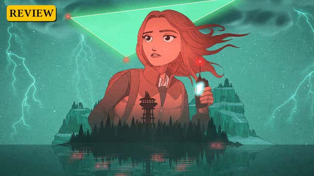An illustration of Oxenfree II protagonist Riley holding a radio transmitter-type device. She is seen looming over an island which is reflected in the water while lightning flashes behind her and a triangular portal hangs in the sky.