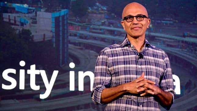 Microsoft CEO Satya Nadella seen here at the Future Decoded Tech Summit in Bangalore, India in February 2020.