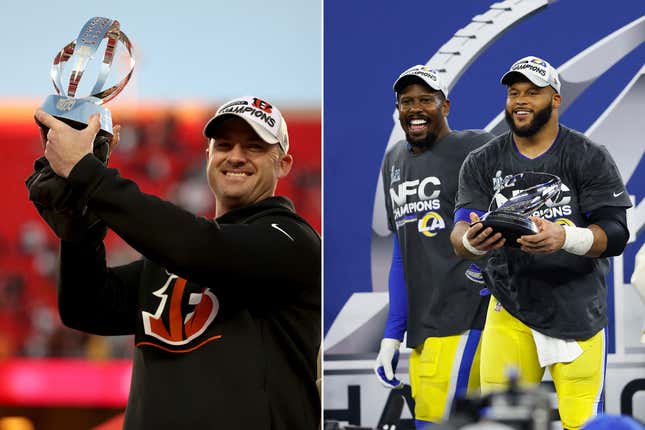 (L to R) Cincinnati Bengals head coach Zac Taylor; Von Miller and Aaron Donald of the Los Angeles Rams. 