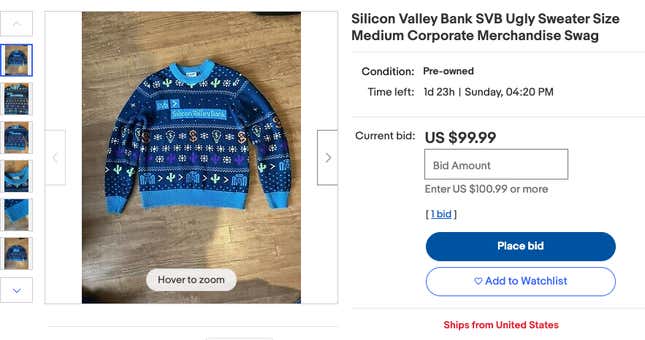 A screenshot of a listing of an ugly Christmas sweater from Silicon Valley Bank