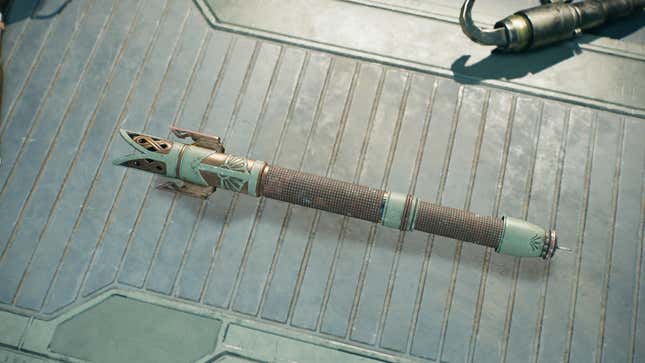 A custom lightsaber in Jedi: Survivor that's a mix of gold and light green.