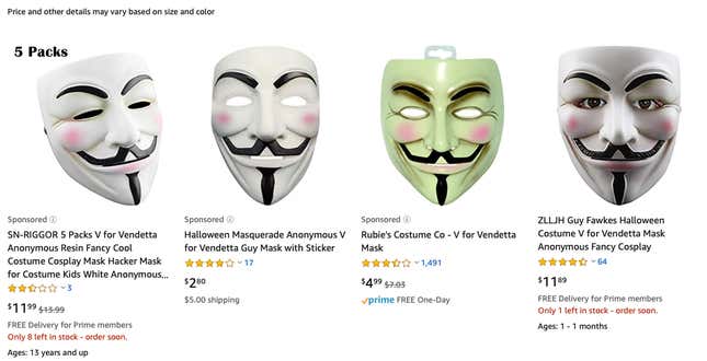 V for Vendetta masks on Amazon.