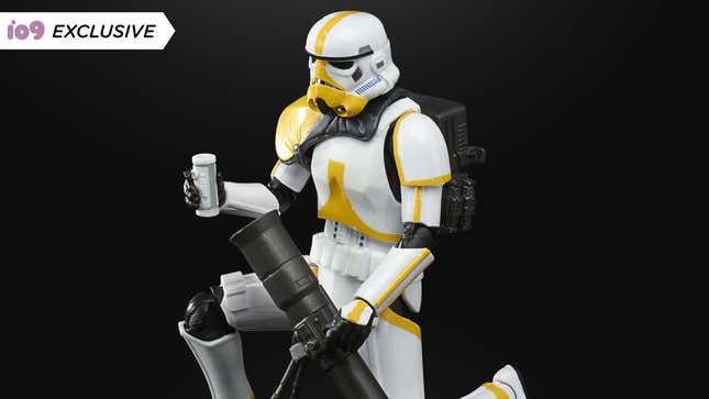 Hasbro's Star Wars The Black Series Artillery Stormtrooper figure posed ready to load a grenade into their mortar launcher.