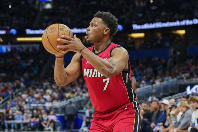 Mar 11, 2023; Orlando, Florida, USA; Miami Heat guard Kyle Lowry (7) shoots the ball against the Orlando Magic during the first quarter at Amway Center.