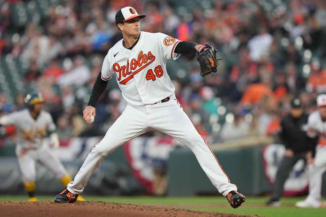 Apr 10, 2023; Baltimore, Maryland, USA; Baltimore Orioles pitcher Kyle Gibson (48) delivers in the third inning against the Oakland Athletics at Oriole Park at Camden Yards.