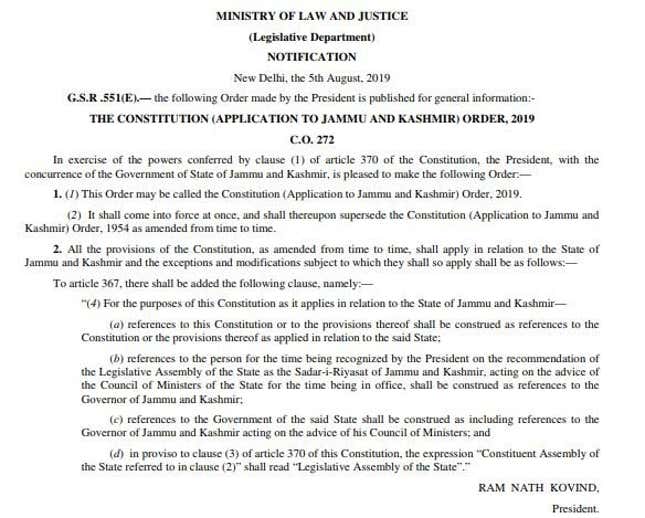 The J&K notification signed by Indian president, Ram Nath Kovind.