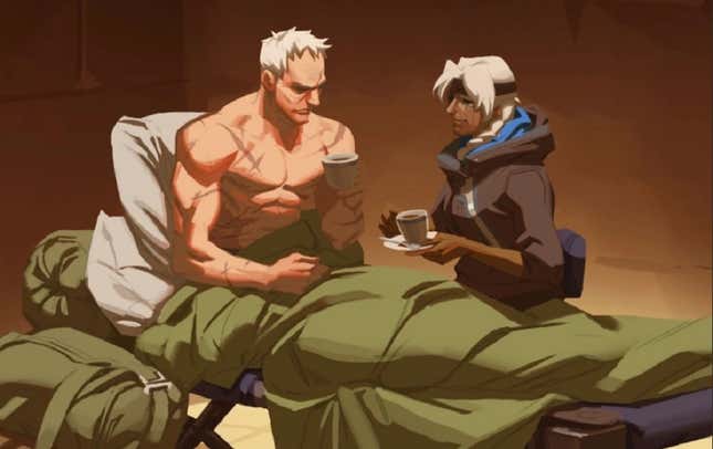 Soldier is seen bedridden while Ana brings him a drink.
