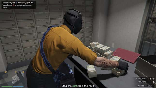 Robbing a bank in one of the new missions found in GTA Online's update.