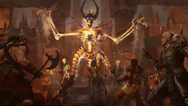 A massive skeleton king looms over a group of armed adventurers. He is very evil.