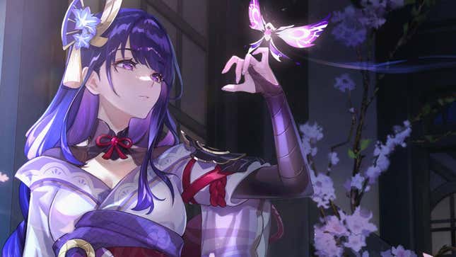 Raiden Shogun allows a purple crystalfly to land on her hand.