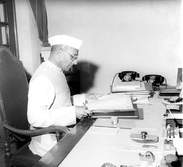Morarji Desai giving the budget a final glance. He presented it to the Lok Sabha on Feb. 29, 1960.