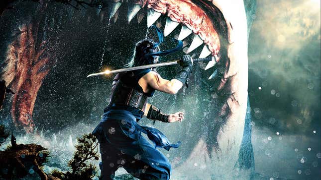 A sword-wielding ninja stands tall against a charging shark.
