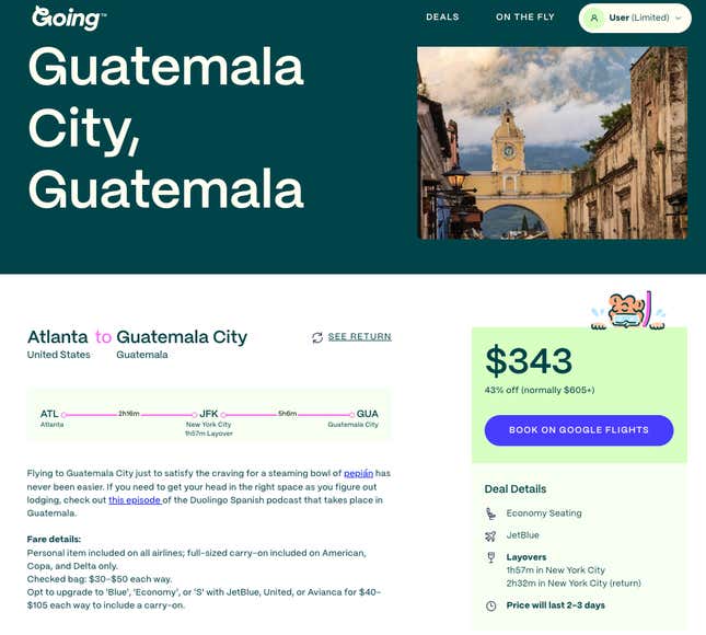 Screenshot of Going deal for a Guatemala trip for $343.
