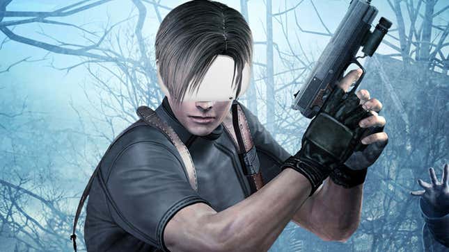 Leon from Resident Evil 4 wearing a VR headset while holding a pistol. 