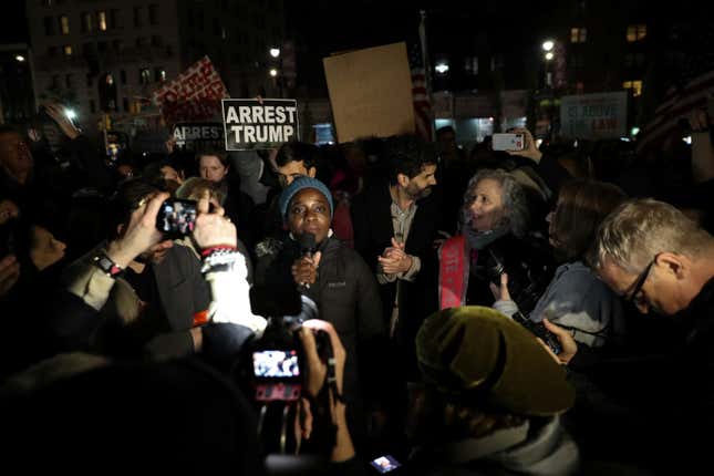 Therese Patricia Okoumou makes a speech during the “No One is Above the Law” protest in New York City, Nov. 8, 2018.