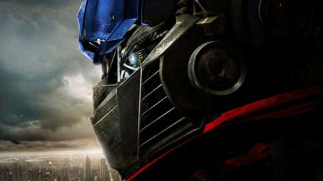 Promotional poster for the 2007 Transformers film showing a side profile of Optimus Prime. 