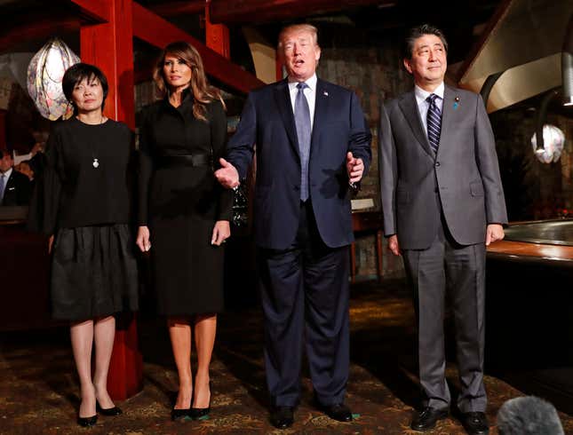 US President Donald J. Trump (2-R) with his wife Melania Trump (2-L) and Japan's Prime Minister Shinzo Abe (R) with his wife Akie Abe (L) meet for a dinner at a restaurant in Tokyo, Japan, 05 November 2017. Trump is on an official visit to Japan.