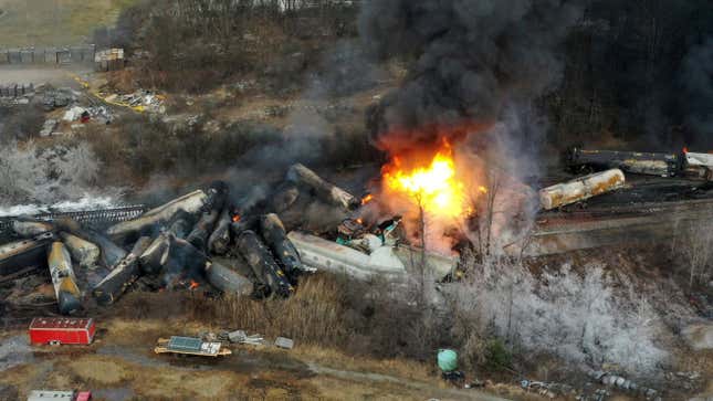 Portions of a Norfolk and Southern freight train that derailed this Feb. 3, still on fire at mid-day Saturday, Feb. 4, 2023.