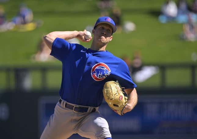 Feb 27, 2023; Salt River Pima-Maricopa, Arizona, USA;  Chicago Cubs starting pitcher Caleb Kilian (45) throws to the plate in the first inning of a spring training game against the Chicago Cubs at Salt River Fields at Talking Stick.