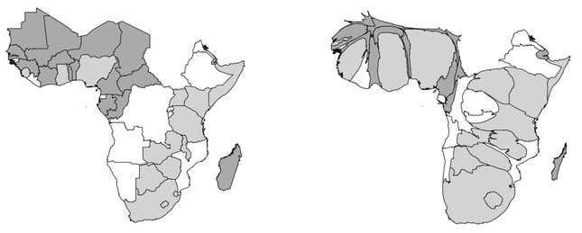 The cartogram on the right shows the same map after it has been distorted so that the area of a country is approximately proportionate to the number of articles written about it between 1993 and 2013. Light grey countries were British colonies and dark grey countries were French colonies.