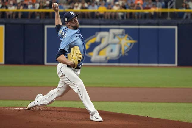Apr 2, 2023; St. Petersburg, Florida, USA; Tampa Bay Rays starting pitcher Jeffrey Springs (59) throws a pitch against the Detroit Tigers during the first inning at Tropicana Field.