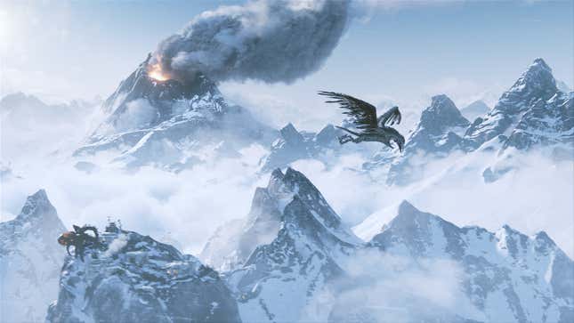 A bird flies over snowy mountains on a bluebird day as a volcano goes boom in the background in Outriders.
