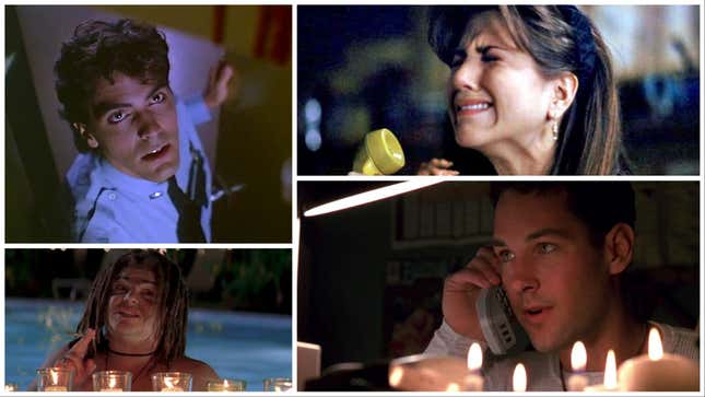 Clockwise from top left: George Clooney in Return to Horror High (New World Pictures), Jennifer Aniston in Leprechaun (Trimark Pictures), Paul Rudd in Halloween: The Curse Of Michael Myers (Dimension Films), and Jack Black in I Still Know What You Did Last Summer (Sony Pictures)