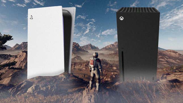 A Starfield astronaut stands on a rocky planet with a PlayStation (left) and an Xbox Series X (right) towering in front of it.